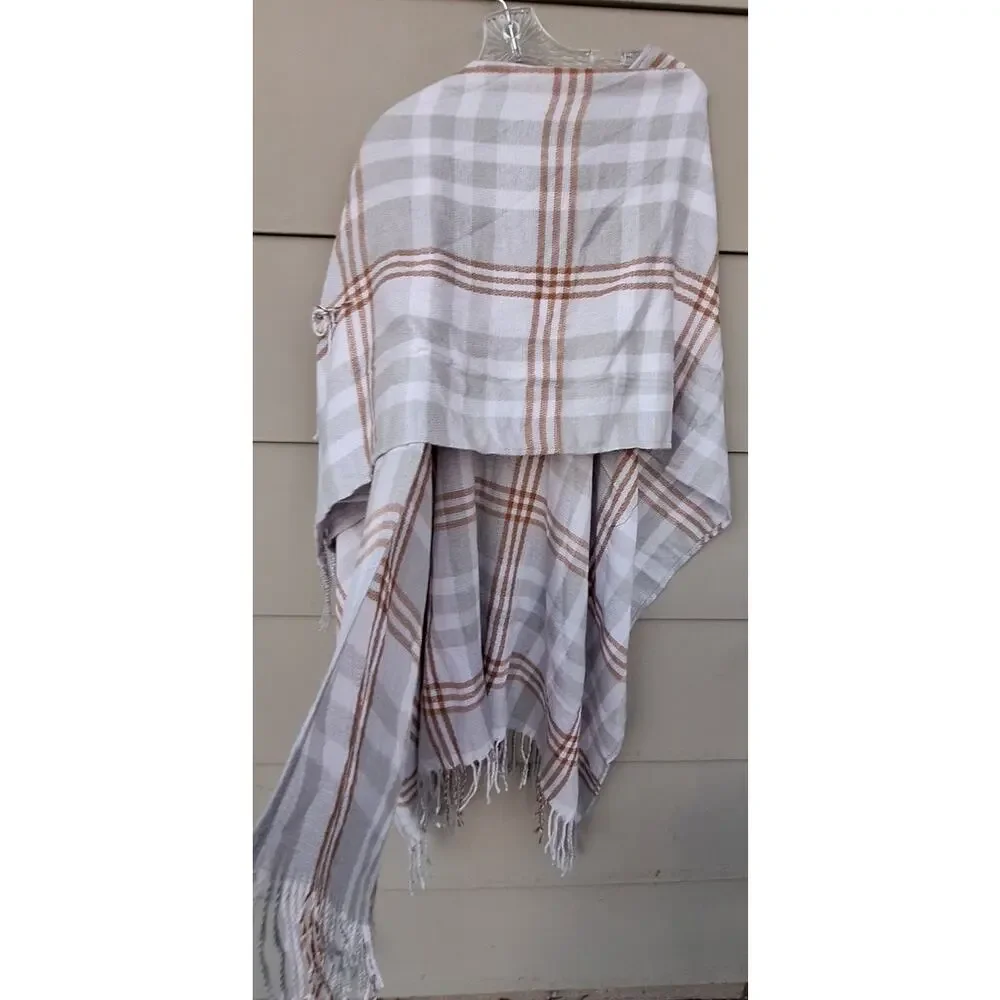 Three Dots Viscose Cashmere Plaid Gray Tan Wrap Shawl Open Poncho O/S $98